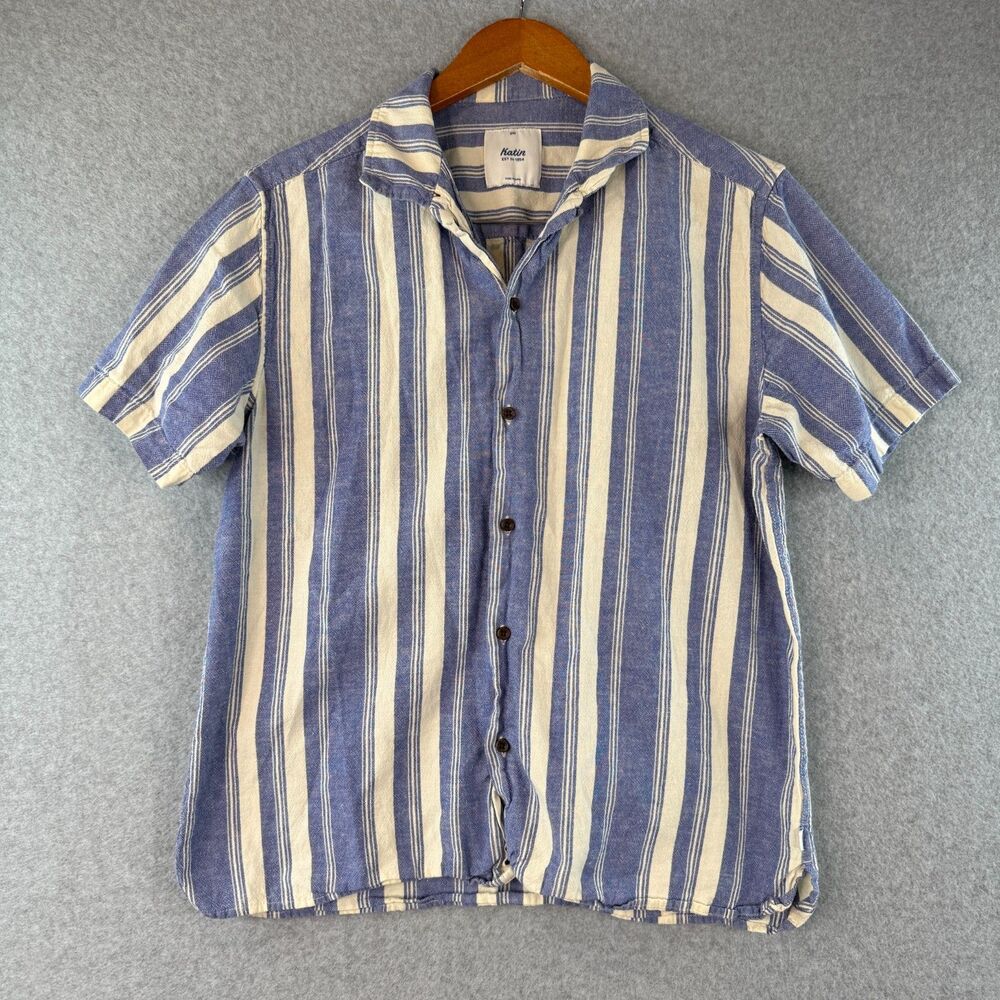 Katin Striped Blue/White Cotton Button Down Shirt Boho Coastal Lightweight Sz S